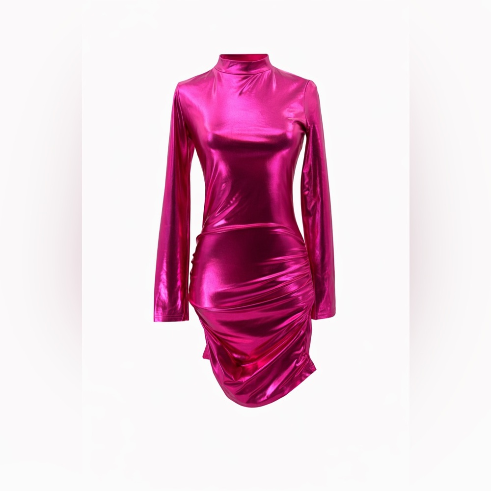 Hot Pink Metallic Ruched Bodycon Mini Dress Small Y2K Party